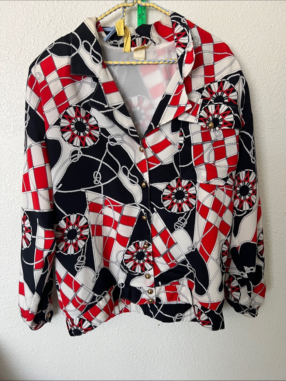 VTG 80’s Button-Down Shirt in Black, Red & White - Nautical Print